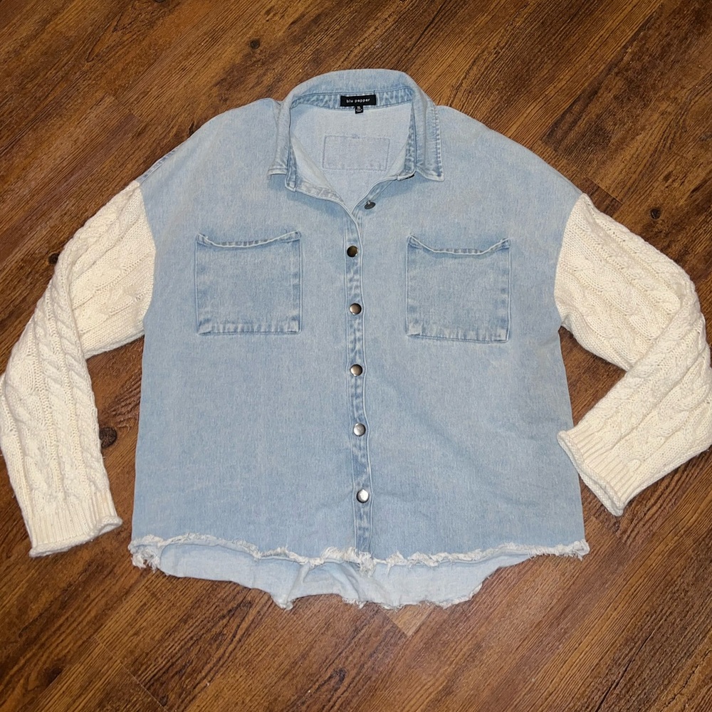 Blu Pepper Oversized Denim Two Tone Knit Sleeve Boho Casual Shacket Size XL - Picture 3 of 11